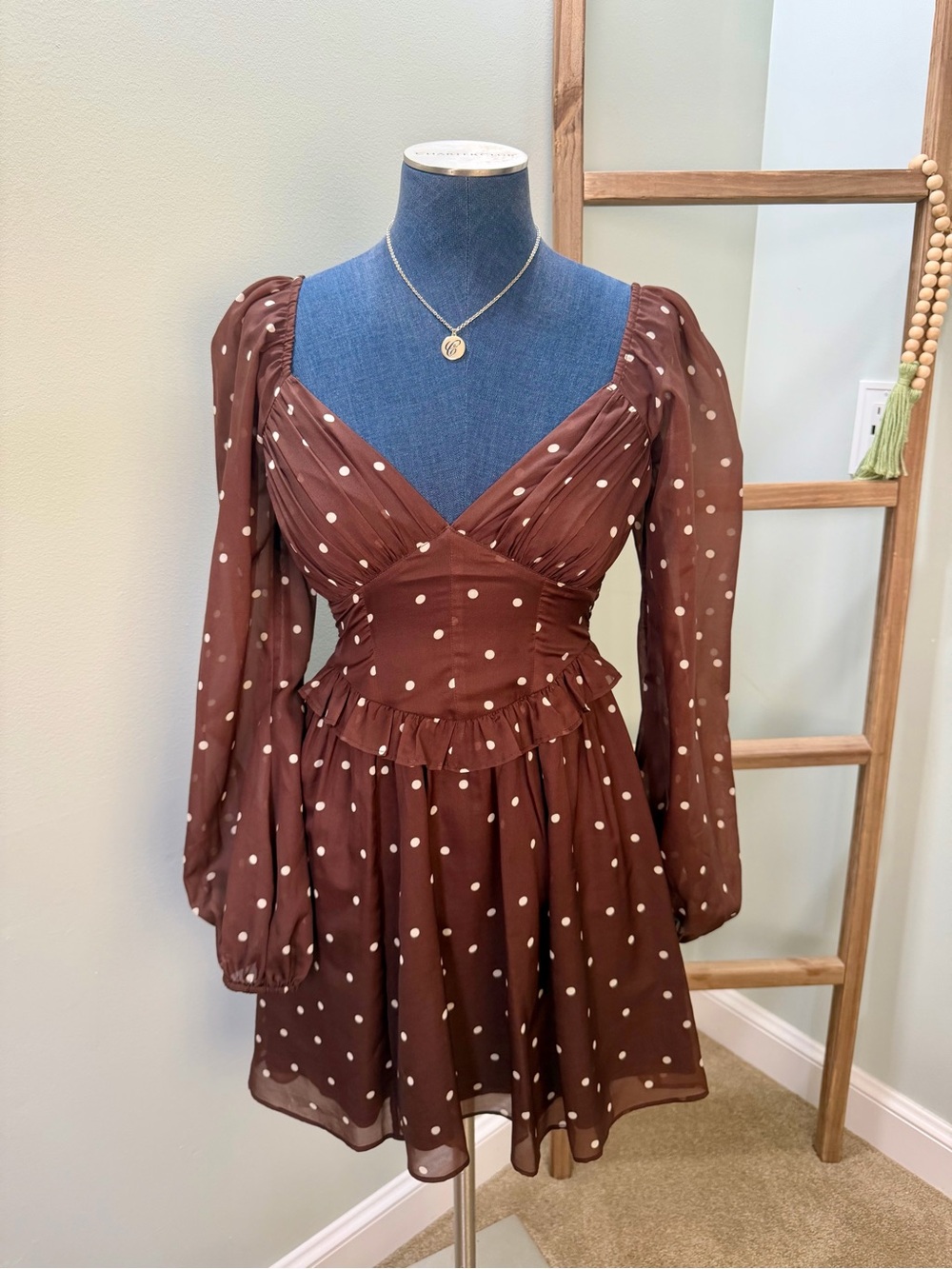 Abercrombie & Fitch Brown Polka Dot Puff Long Sleeve Mini Dress Size XS